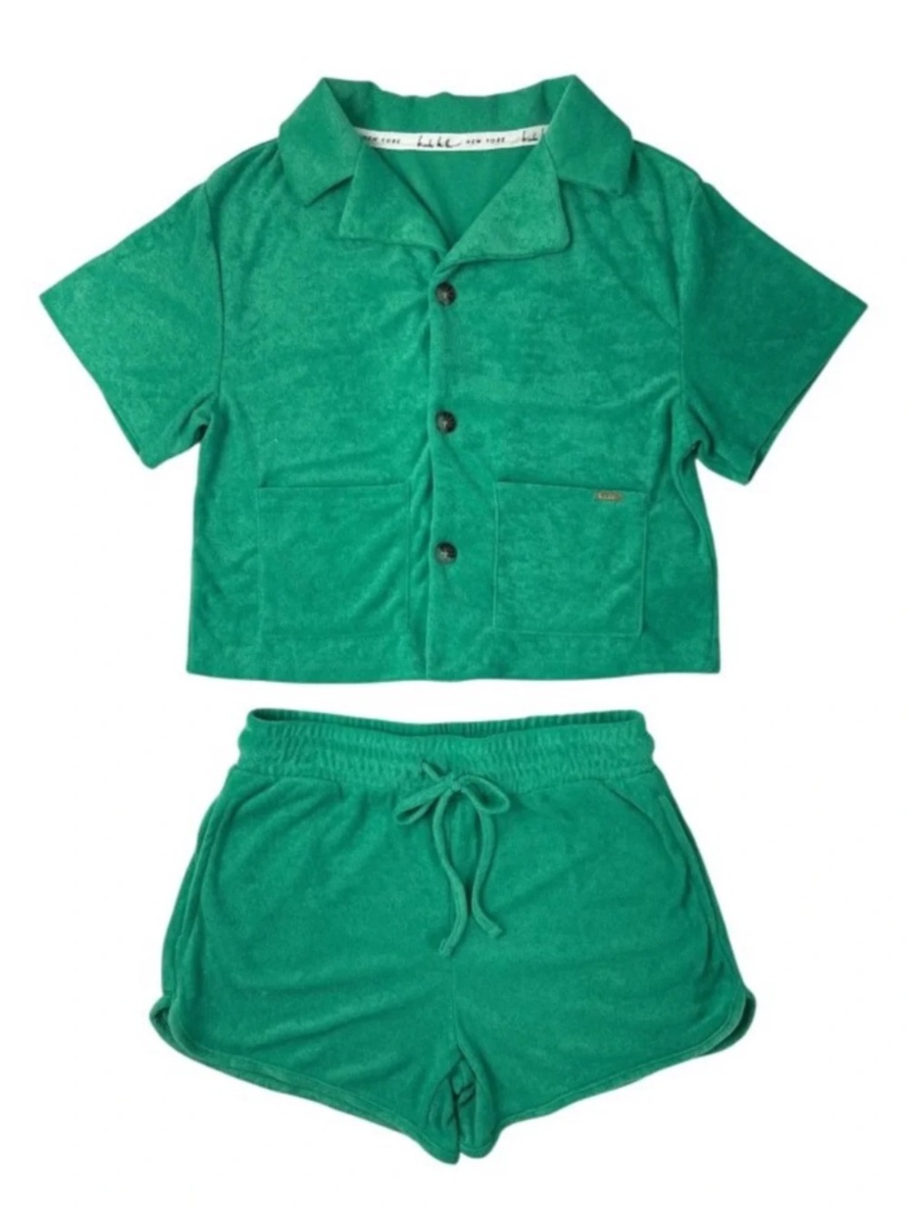 Nicole Miller 2 Piece Terrycloth Shirt and Short Set in Vivid Green - Picture 3 of 6